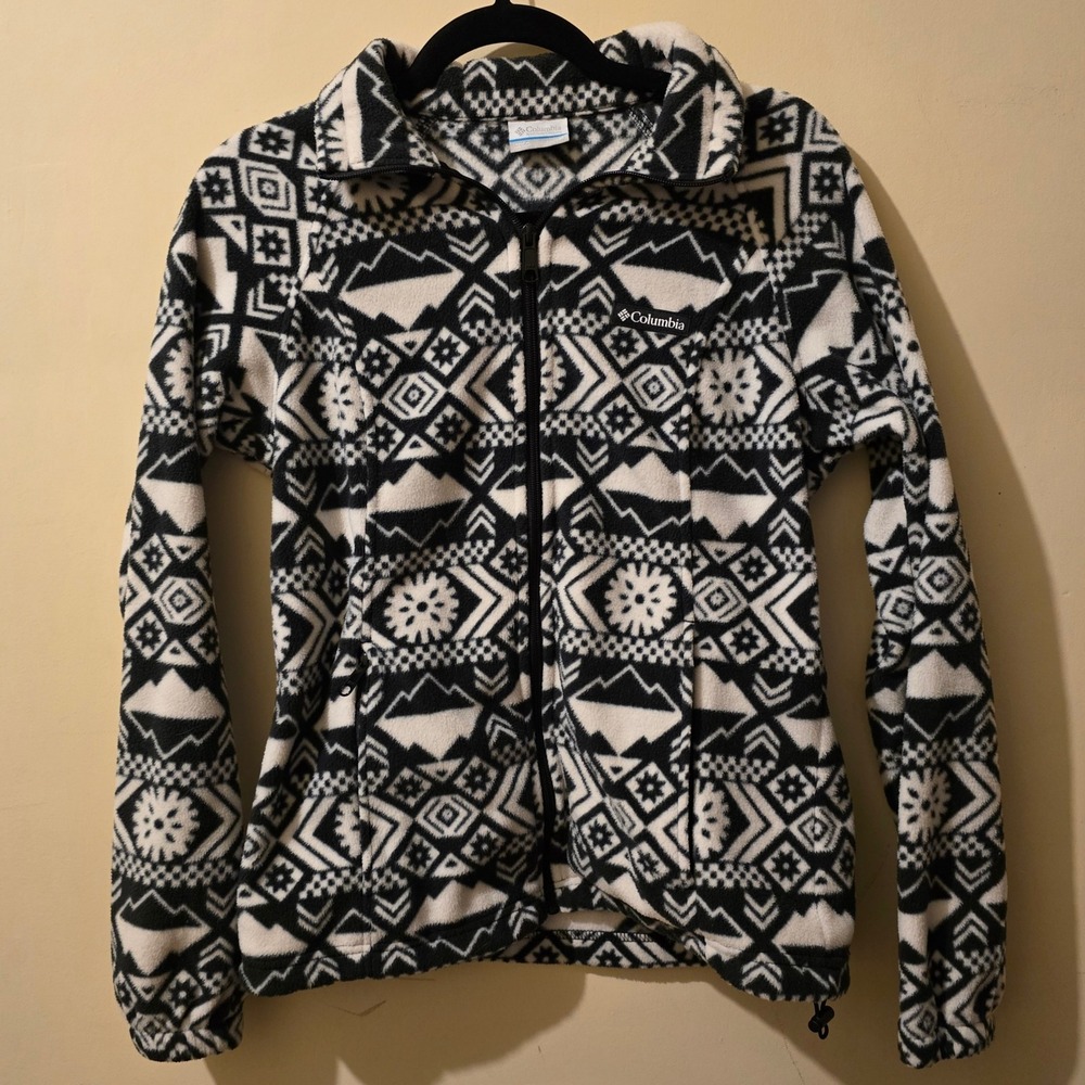 Columbia Fleece Jacket Womens Medium Black White Aztec Geometric Full Zip Soft